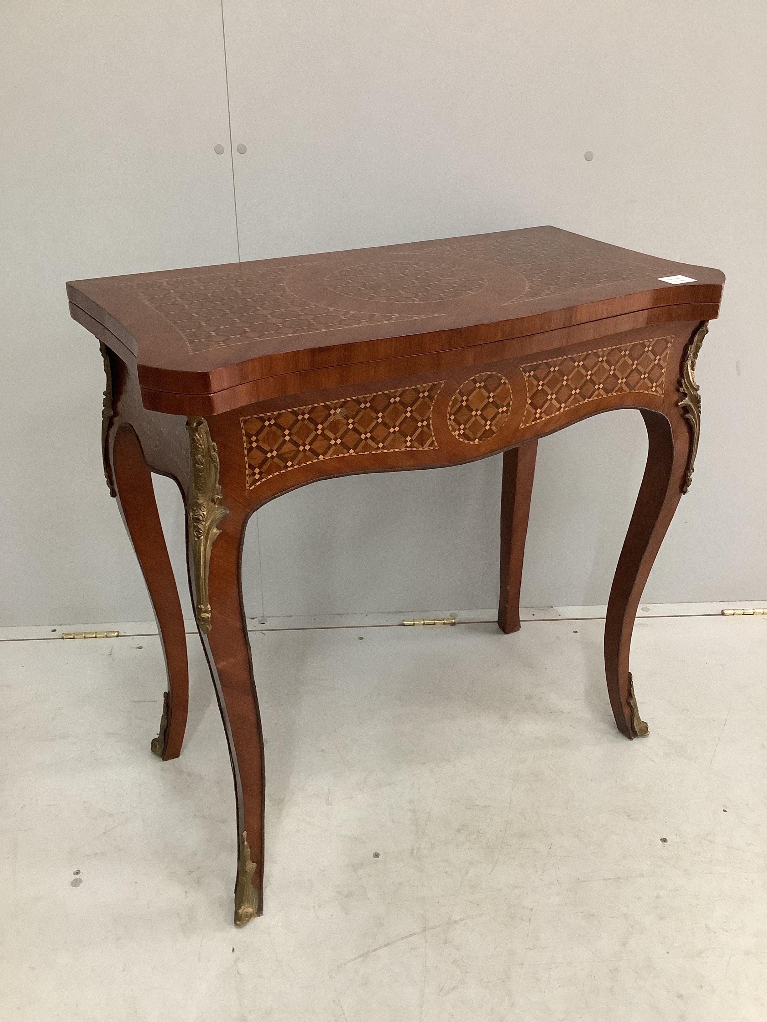 A French transitional style gilt metal mounted inlaid folding card table, width 80cm, depth 41cm, height 80cm